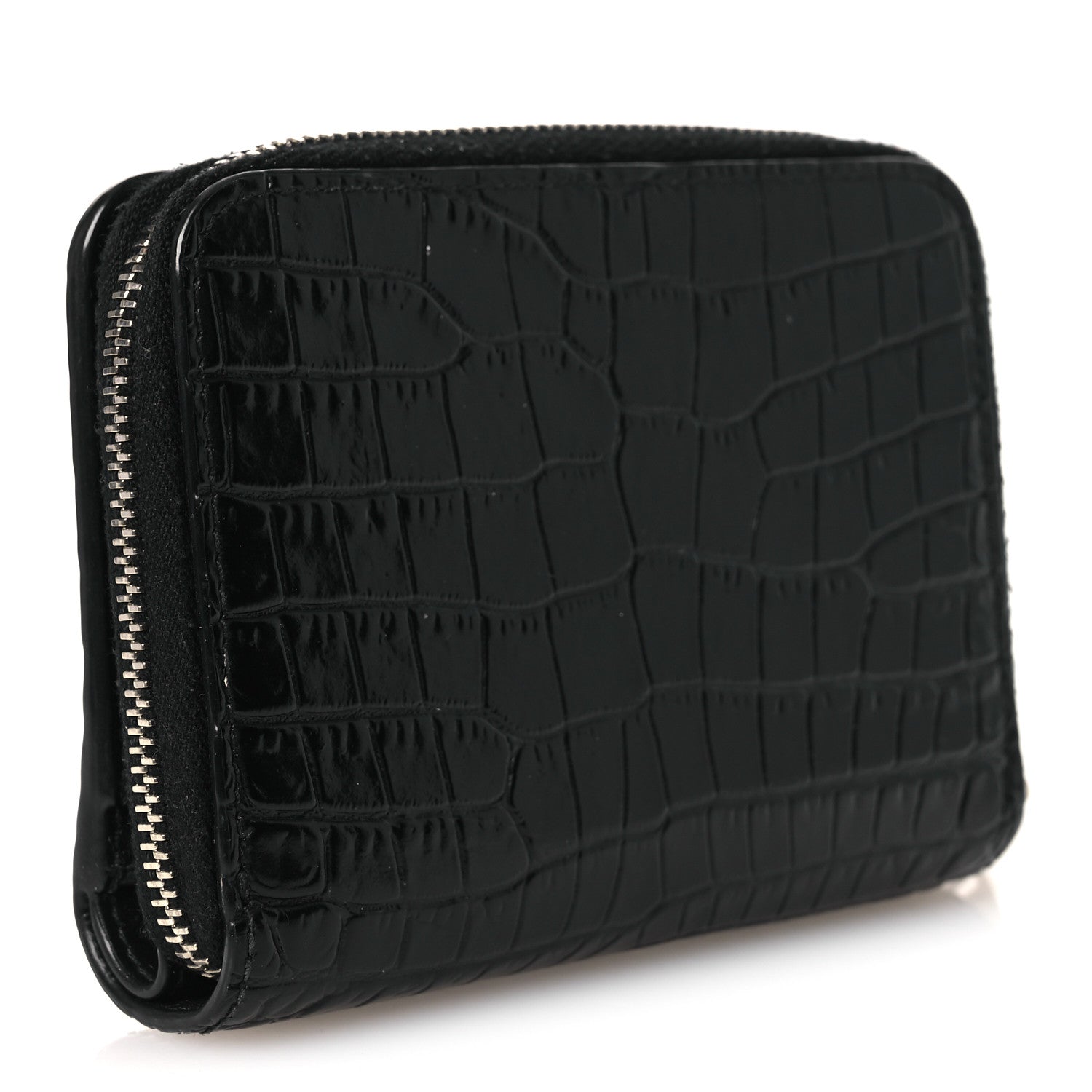 Calfskin Crocodile Embossed Monogram Compact Wallet Black
