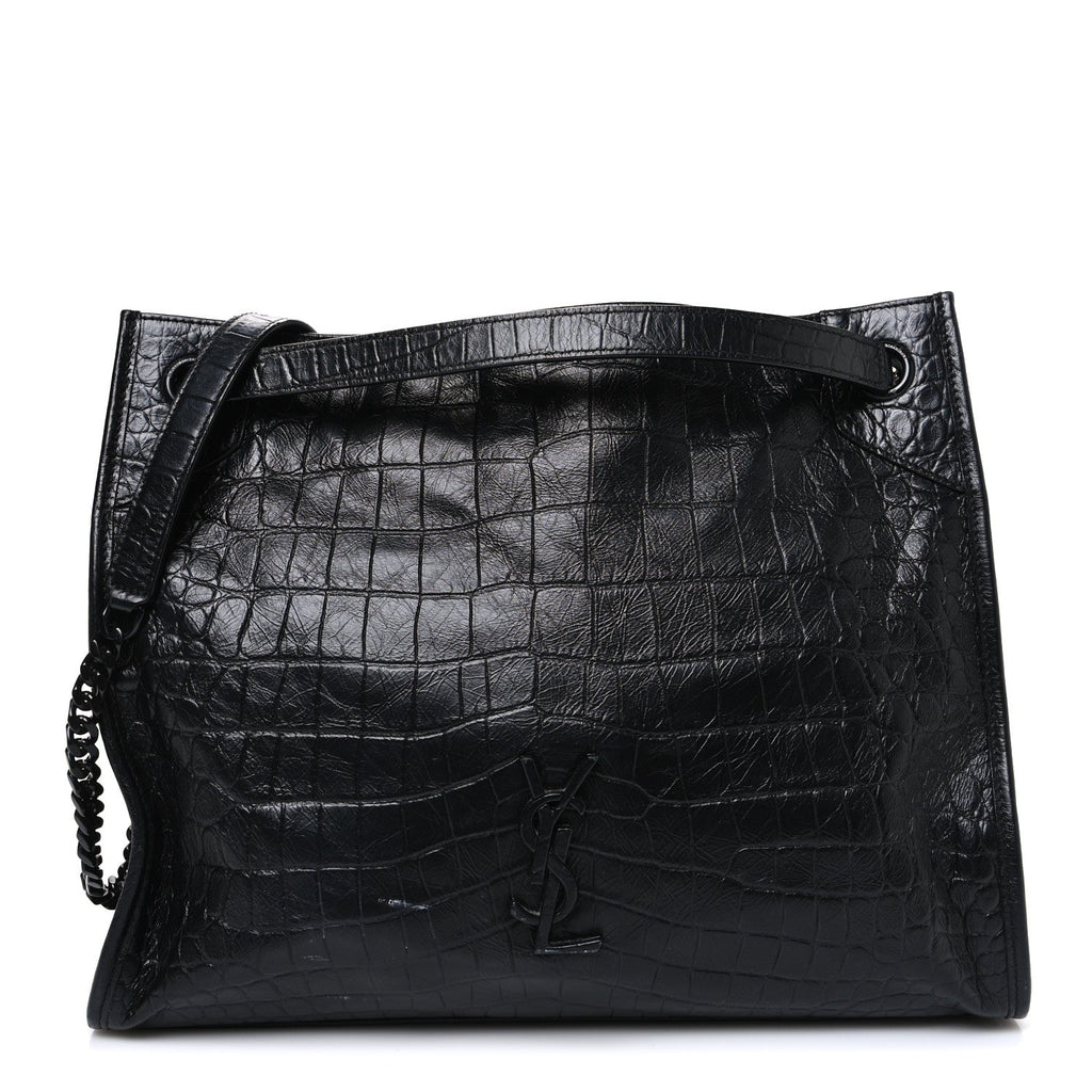 Calfskin Crocodile Embossed Monogram Medium Niki Shopping Bag Black