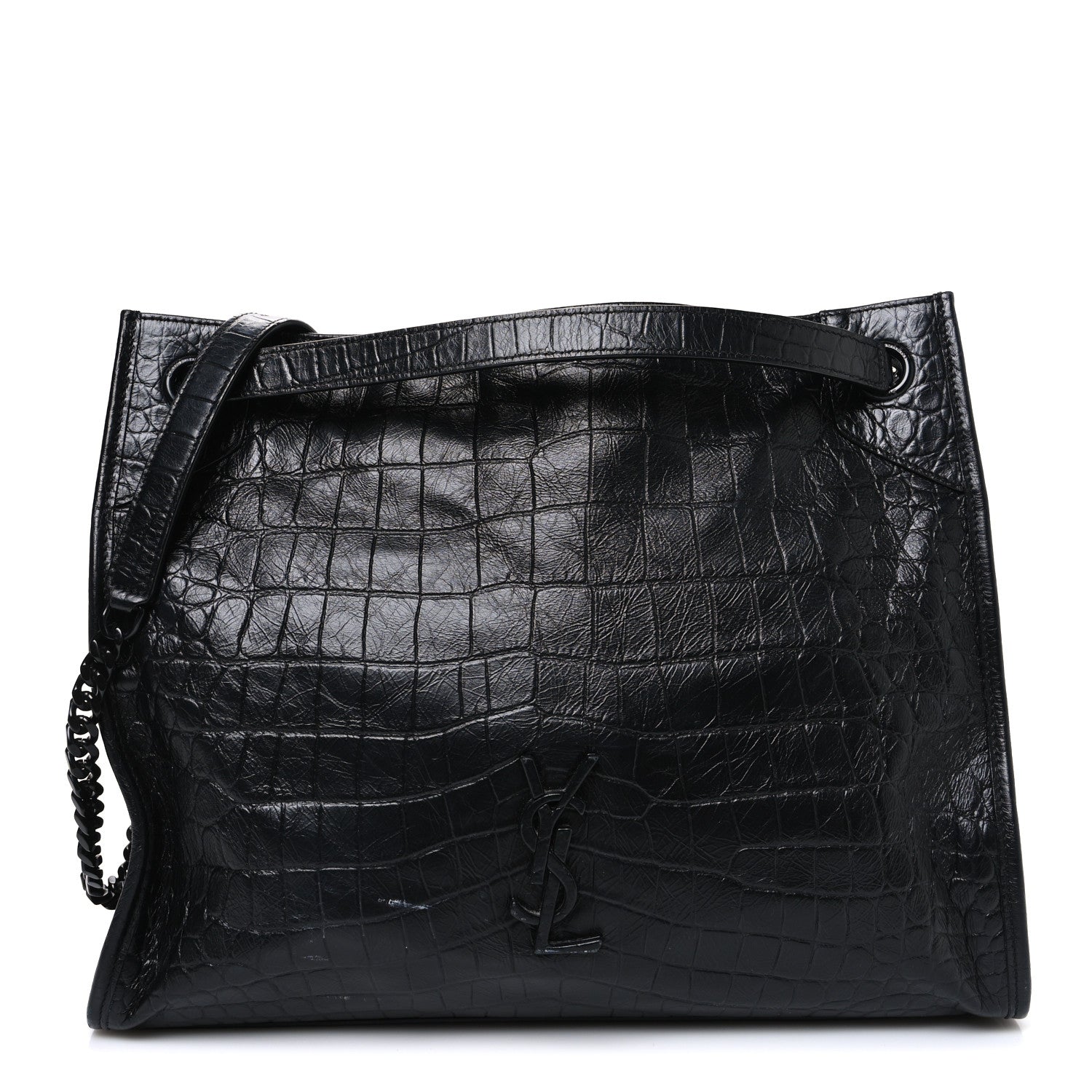 Calfskin Crocodile Embossed Monogram Medium Niki Shopping Bag Black