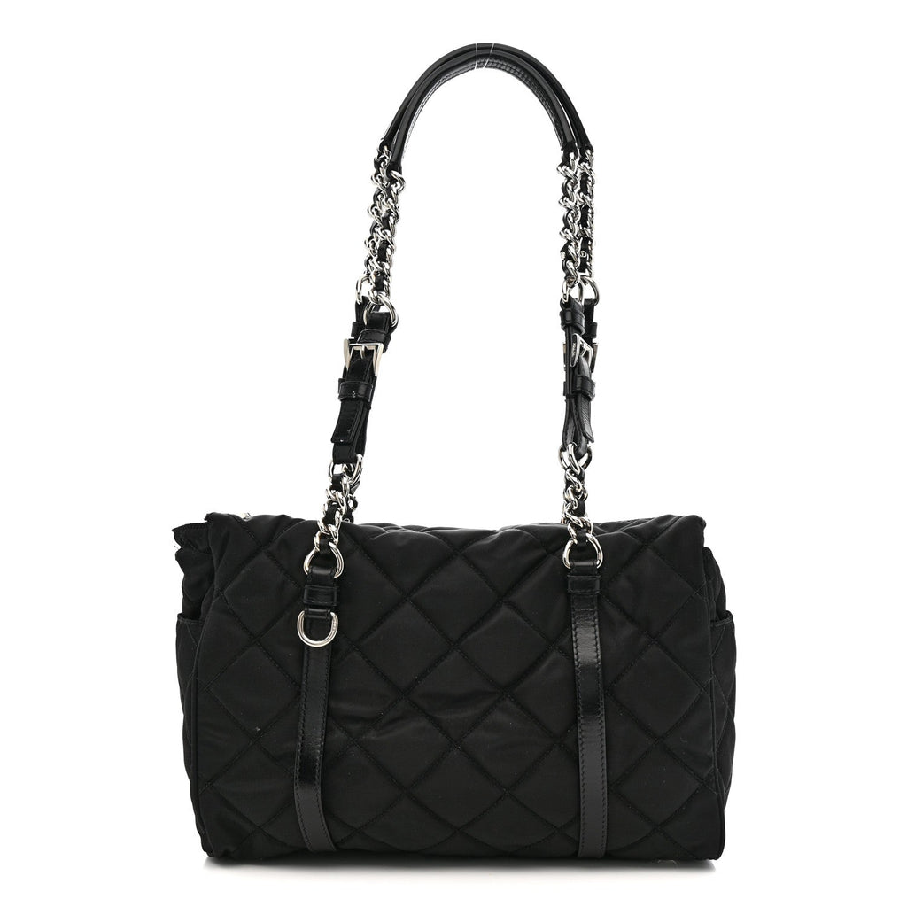 Nylon Tessuto Quilted Chain Shoulder Bag Black