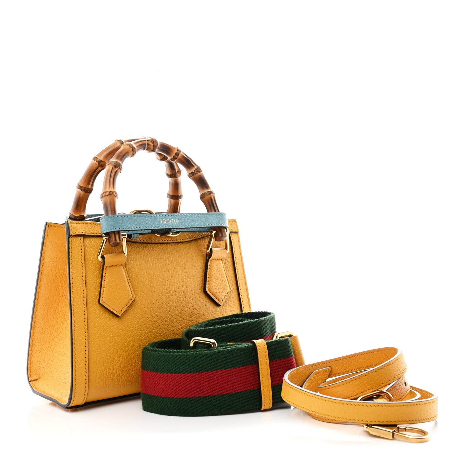 Textured Dollar Calfskin Web Mini Diana Tote Bag Yellow Dusty Azure