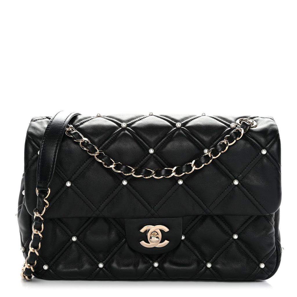 Lambskin Quilted Pearl Studded Flap Black
