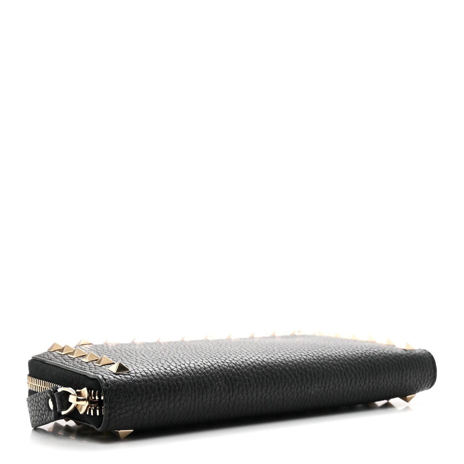 Pebbled Calfskin Rockstud Zip Around Wallet Black