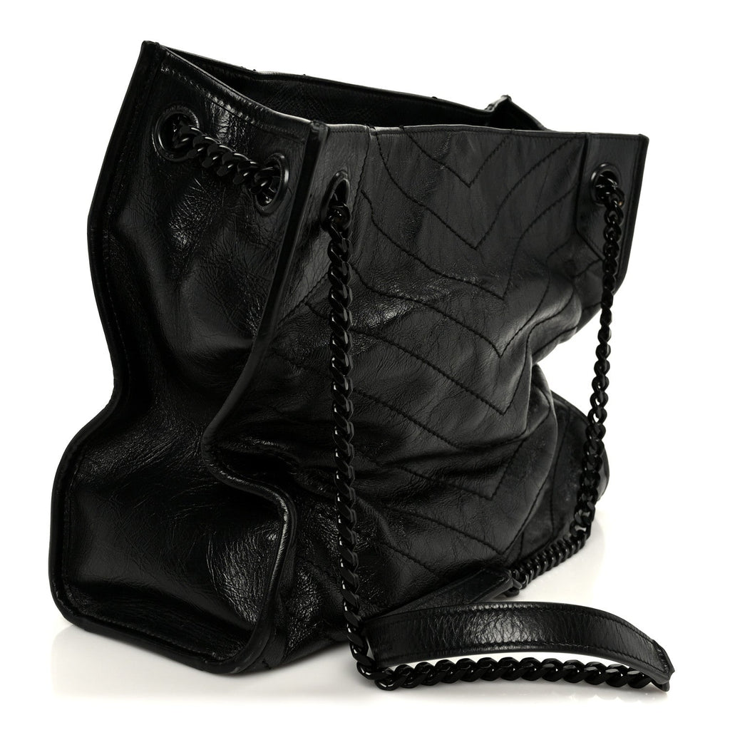 Crinkled Calfskin Matelasse Monogram Large Niki Shopper Tote Black