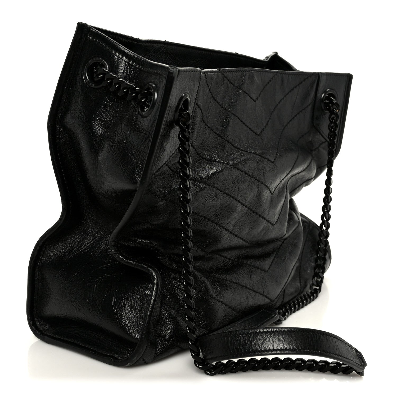 Crinkled Calfskin Matelasse Monogram Large Niki Shopper Tote Black