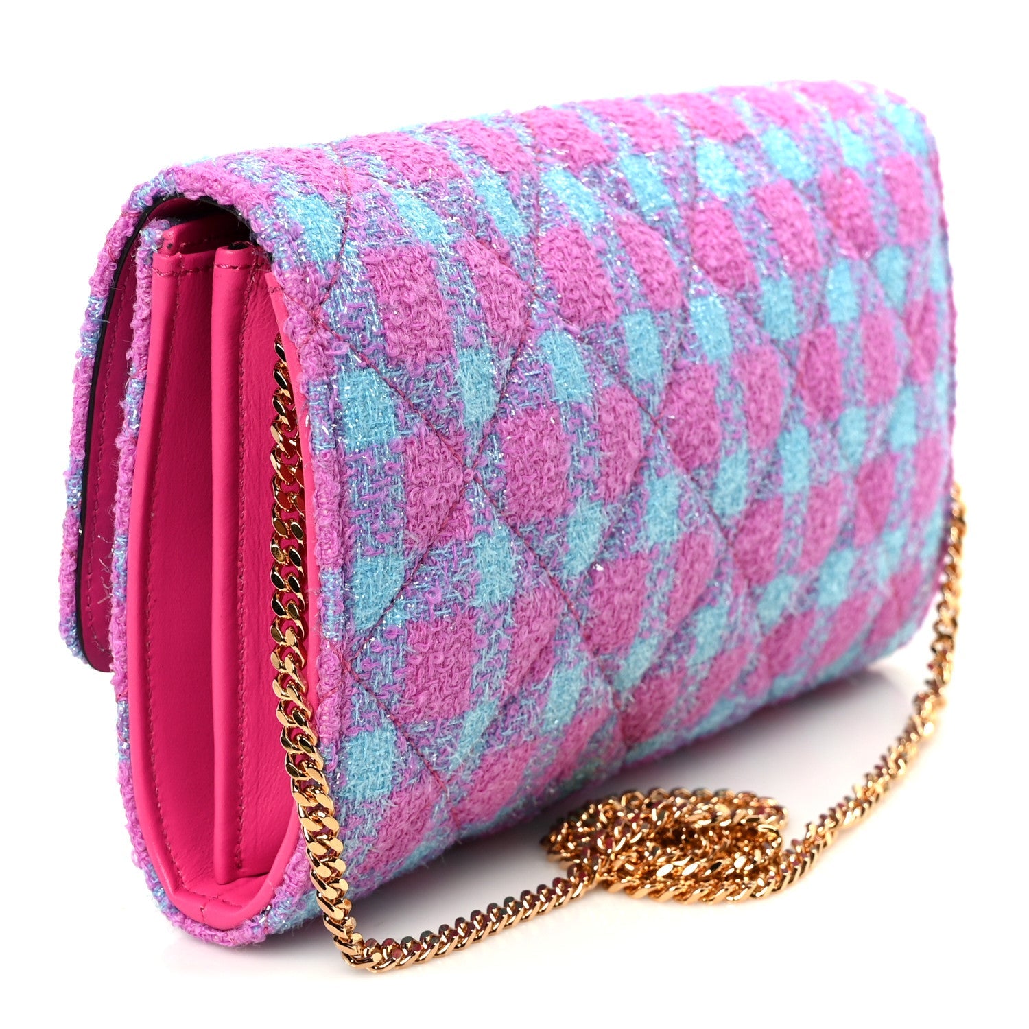 Tweed Quilted Medusa Wallet on Chain Crossbody Pink Blue