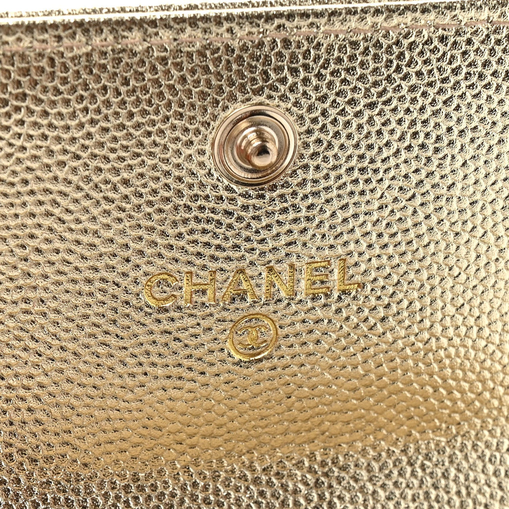 Metallic Caviar Quilted CC Flap  Holder Gold