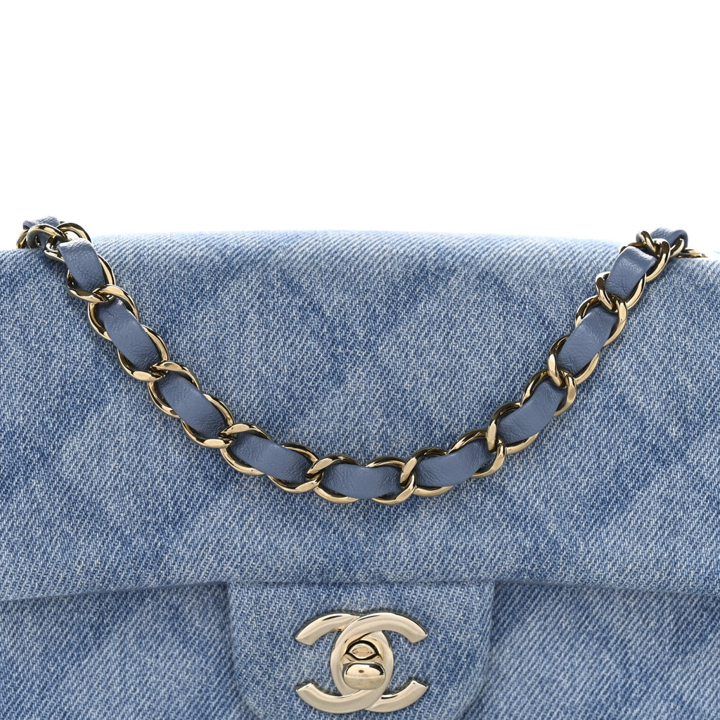 Printed Denim Quilted Mini Rectangular Flap Light Blue