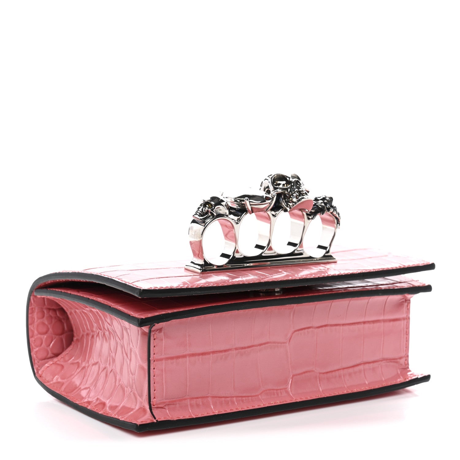 Calfskin Crocodile Embossed Mini Jeweled Knuckle Satchel Pink