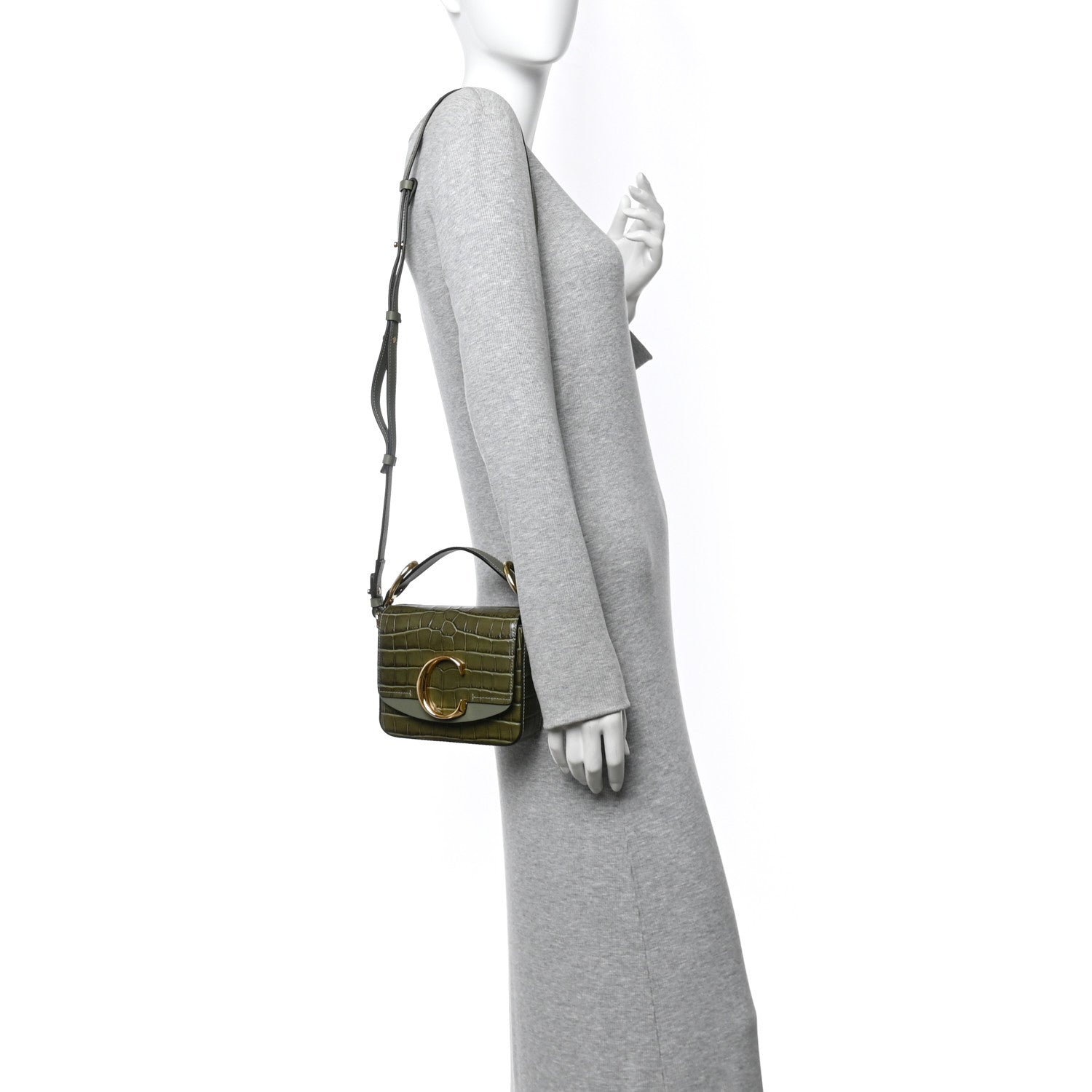 Calfskin Crocodile Embossed Mini C Double Carry Misty Forest