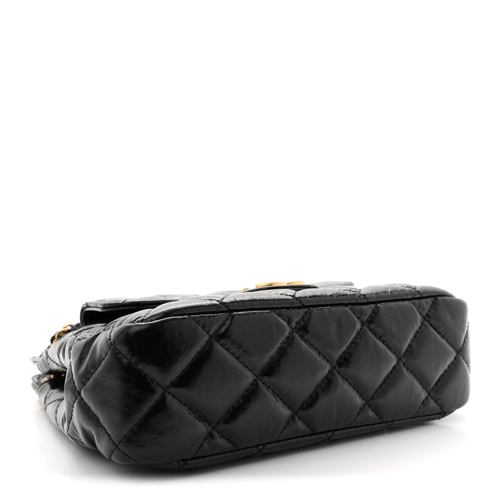 Shiny Crumpled Calfskin Quilted Small Wavy CC Hobo Black