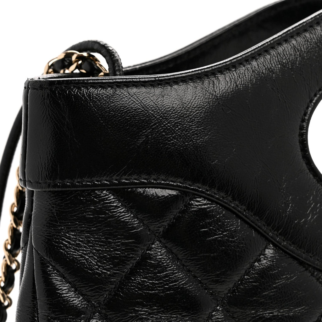 Shiny Crumpled Calfskin Quilted Small 31 Shopping Bag Black