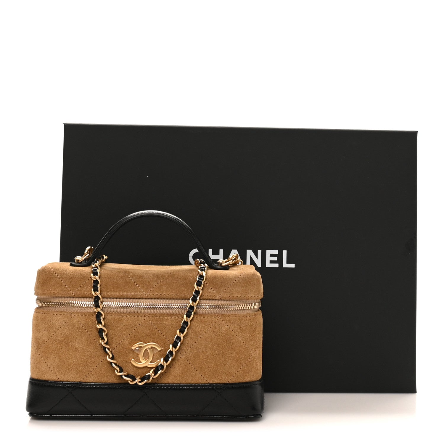 Suede Calfskin Shiny Lambskin Stitched Top Handle Slim Vanity Case With Chain Beige Black