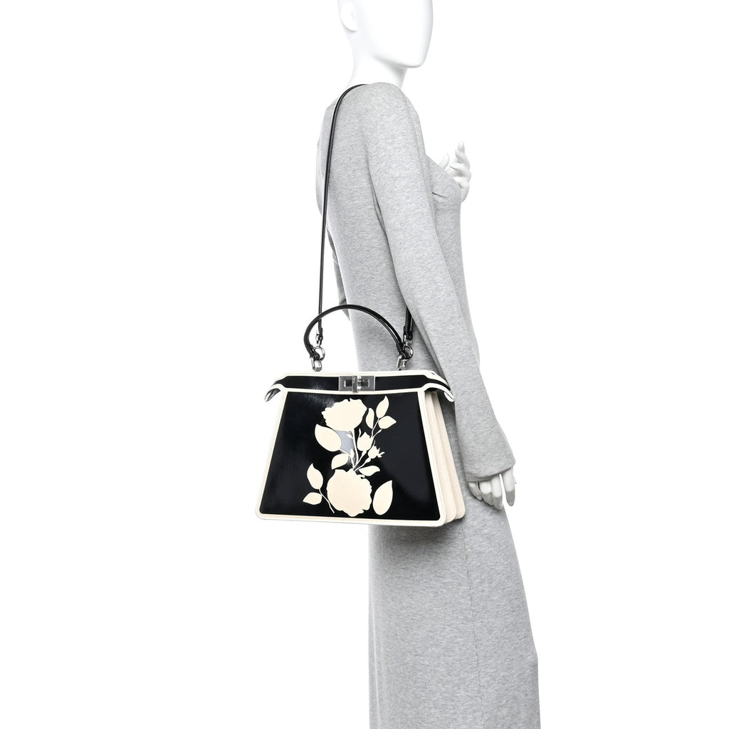 Canvas Spalmato Vernice Roses Medium Peekaboo I SEE U Satchel Black Grezzo