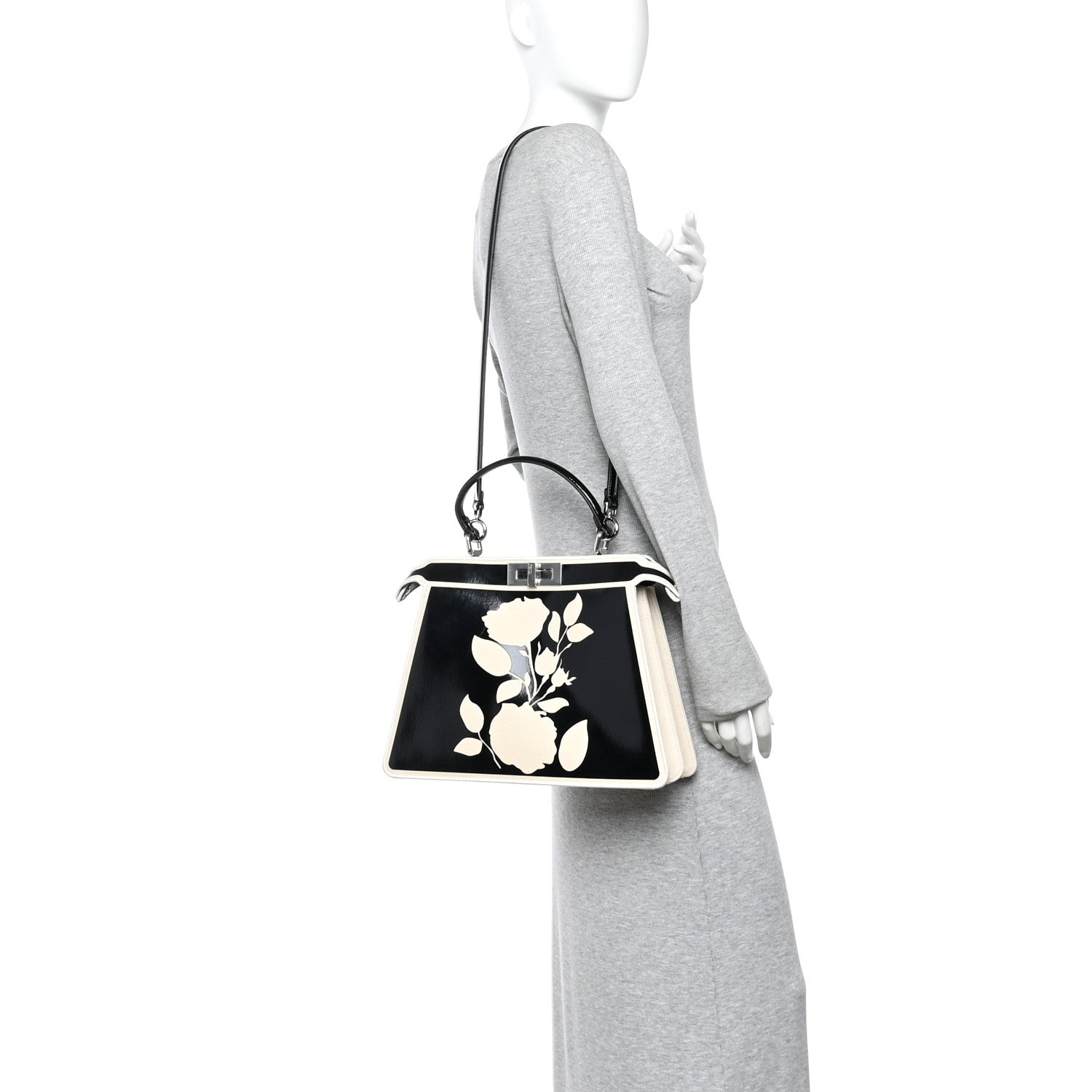 Canvas Spalmato Vernice Roses Medium Peekaboo I SEE U Satchel Black Grezzo