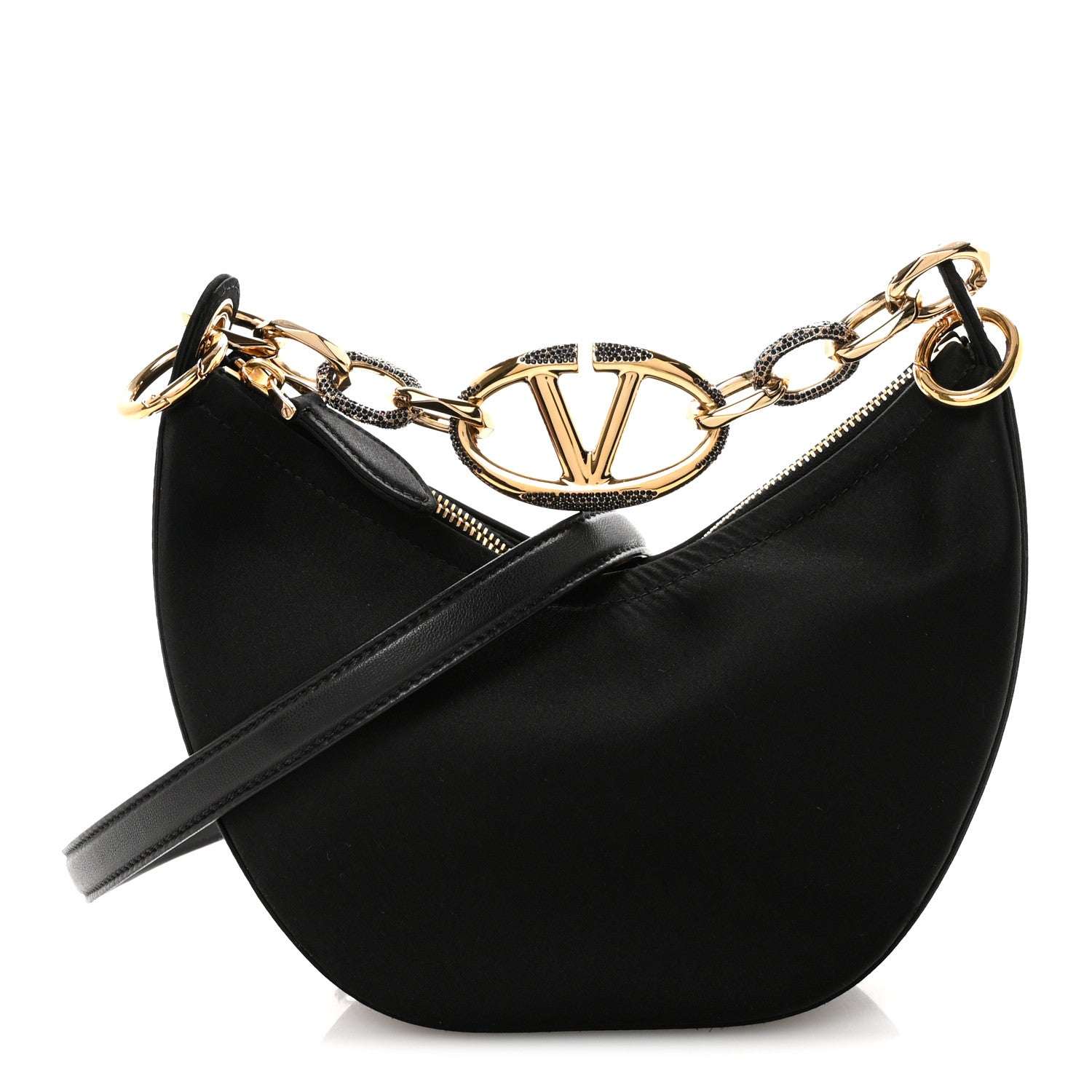 Satin Crystal Mini Vlogo Moon Bag Black
