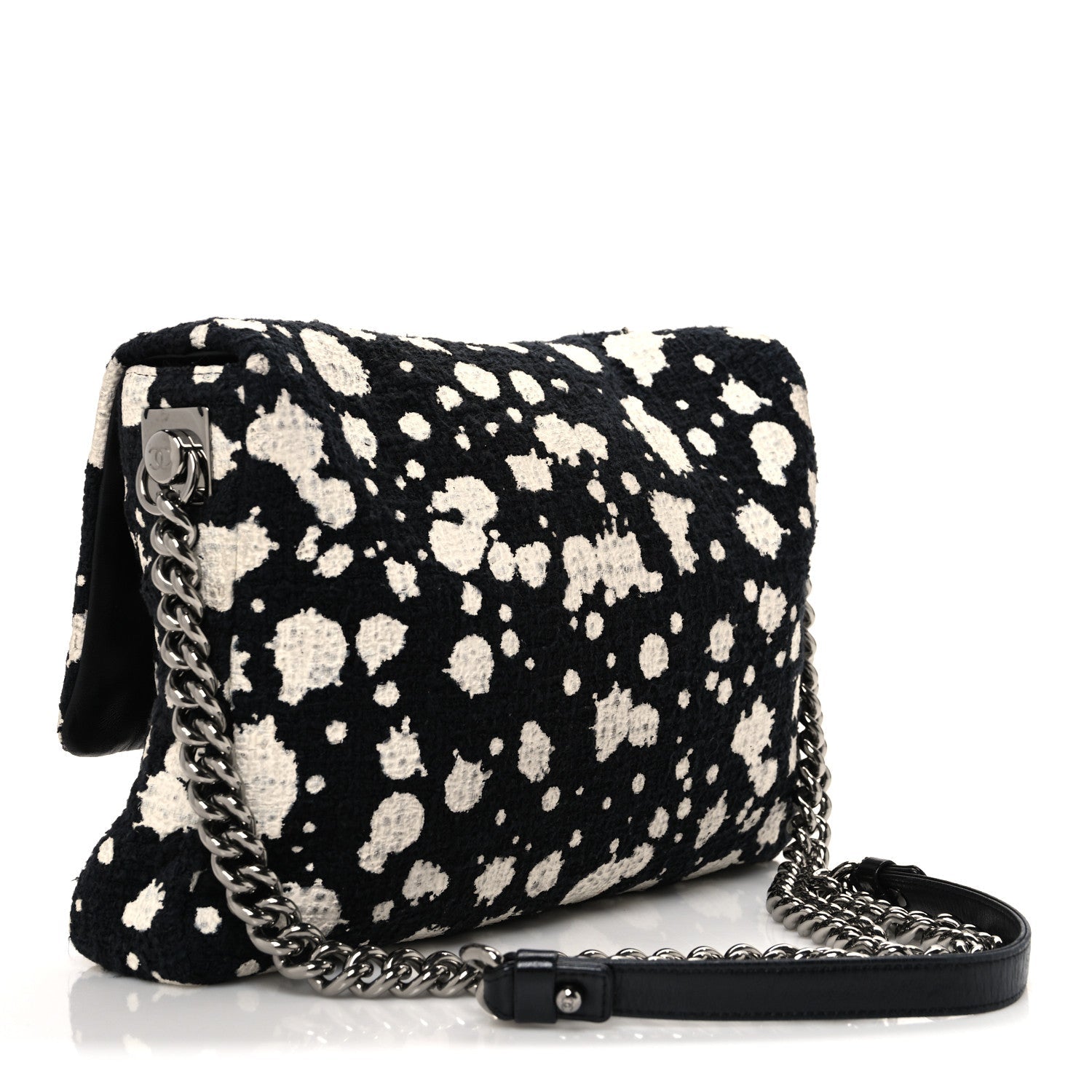 Tweed Paint Splatter Print Flap Black White