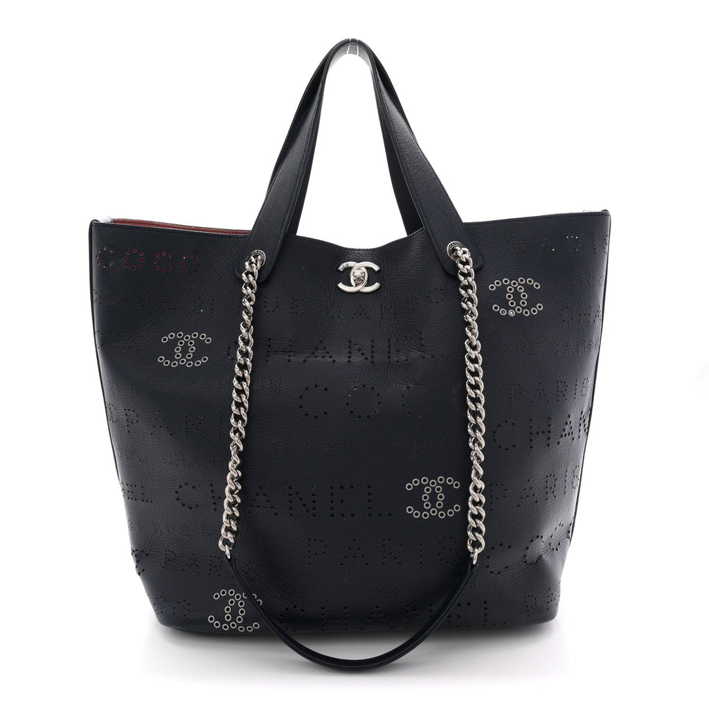 Calfskin Tweed Small Logo Eyelets Shopping Tote Navy Blue