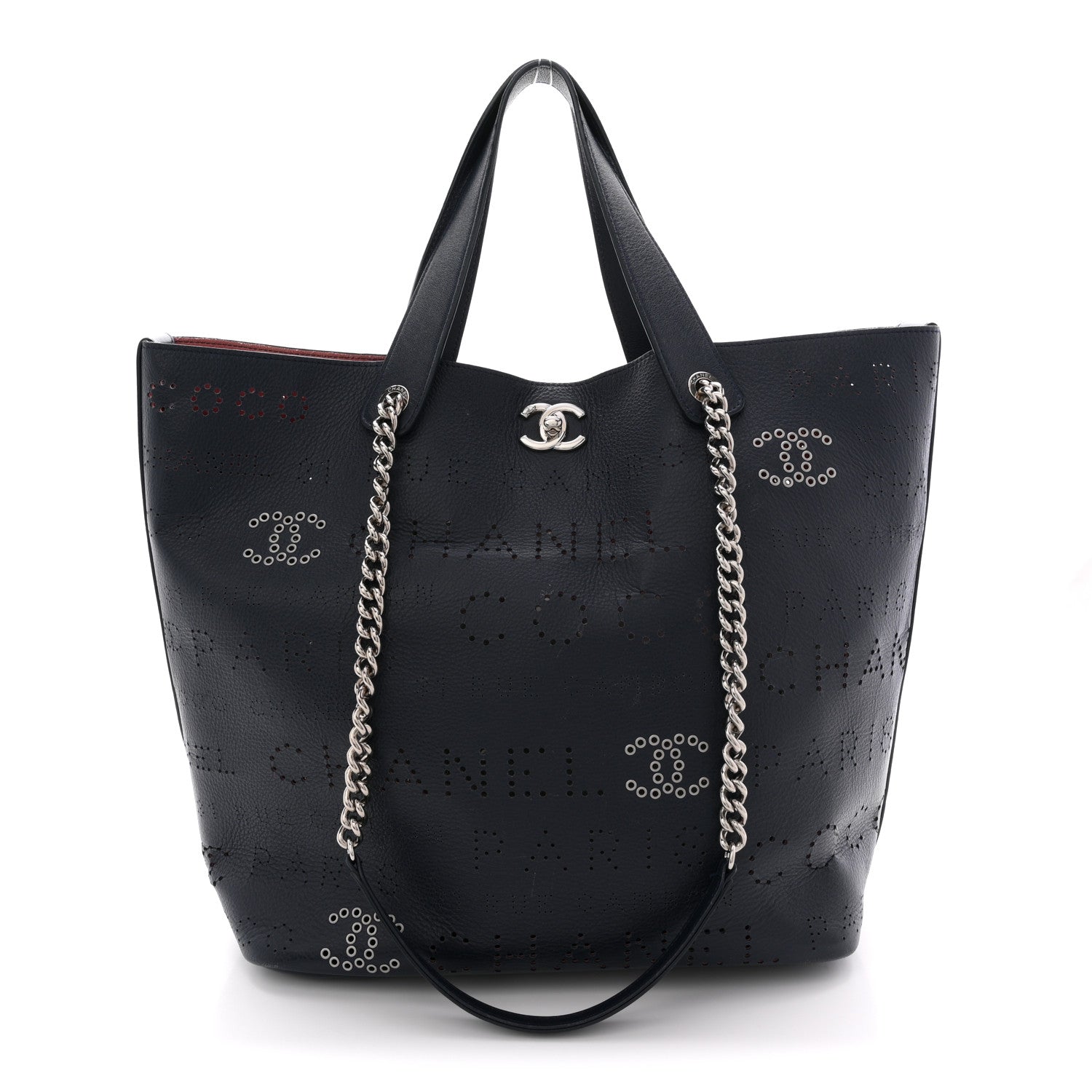 Calfskin Tweed Small Logo Eyelets Shopping Tote Navy Blue