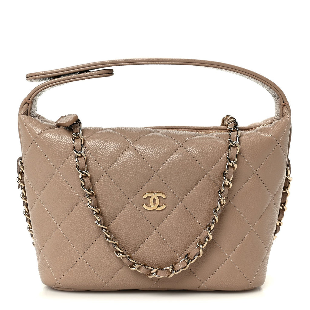 Caviar Quilted Hobo Clutch With Chain Dark Beige