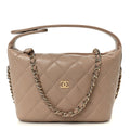 Caviar Quilted Hobo Clutch With Chain Dark Beige