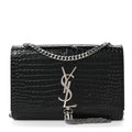 Calfskin Crocodile Embossed Small Classic Monogram Kate Tassel Satchel Black
