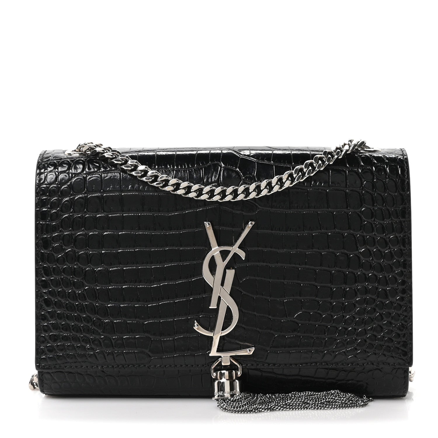 Calfskin Crocodile Embossed Small Classic Monogram Kate Tassel Satchel Black