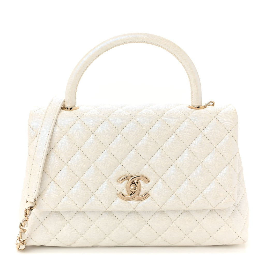Iridescent Caviar Quilted Small Coco Handle Flap White