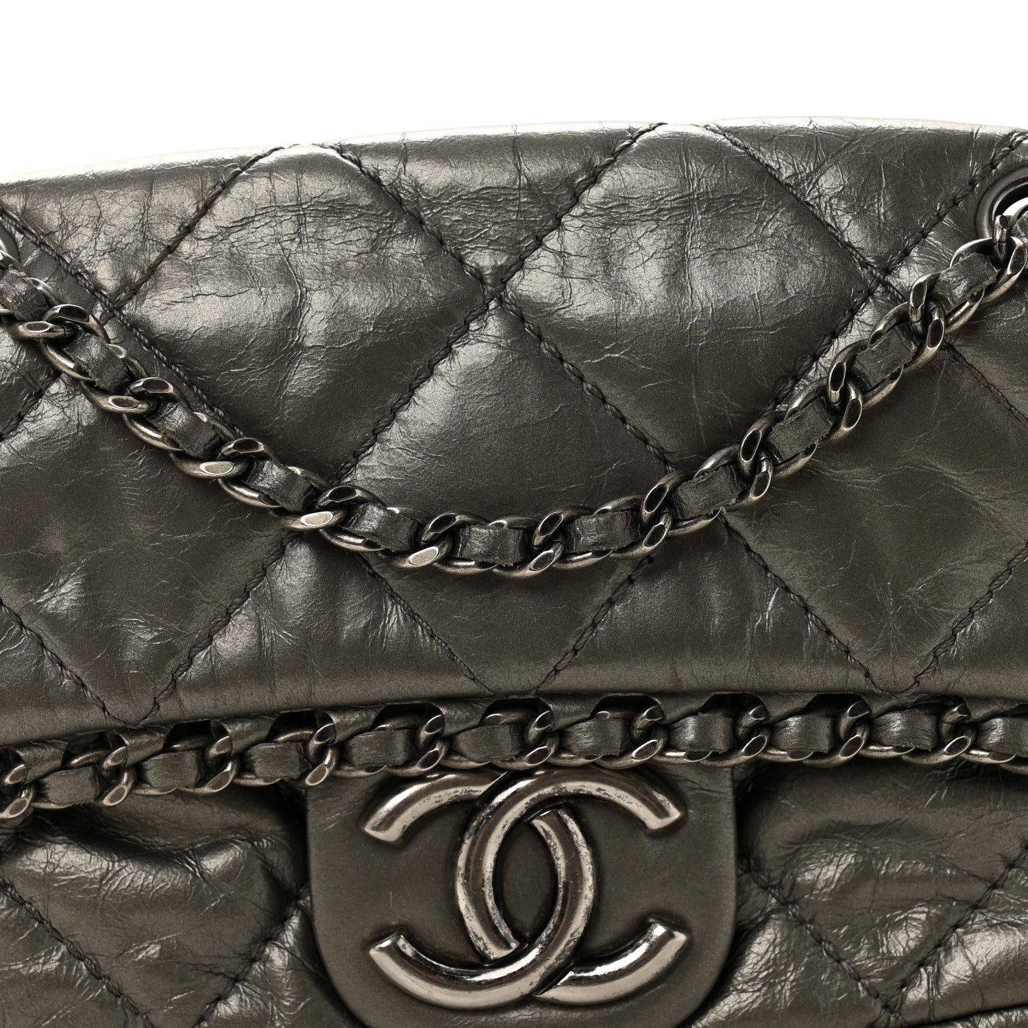 Metallic Aged Calfskin Mini Chain Me Flap Pewter