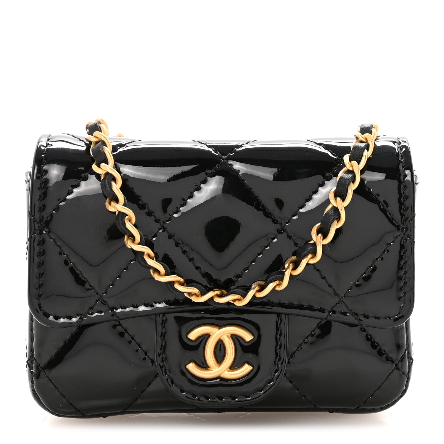 Patent Enamel Quilted Coco Hearts Clutch With Chain Black