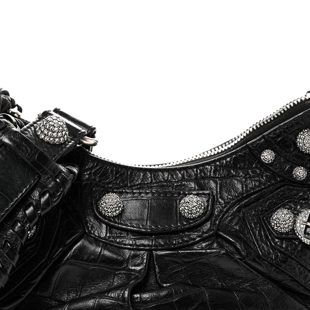 Extra Supple Calfskin Crystal Crocodile Embossed Le Cagole Shoulder Bag XS Black