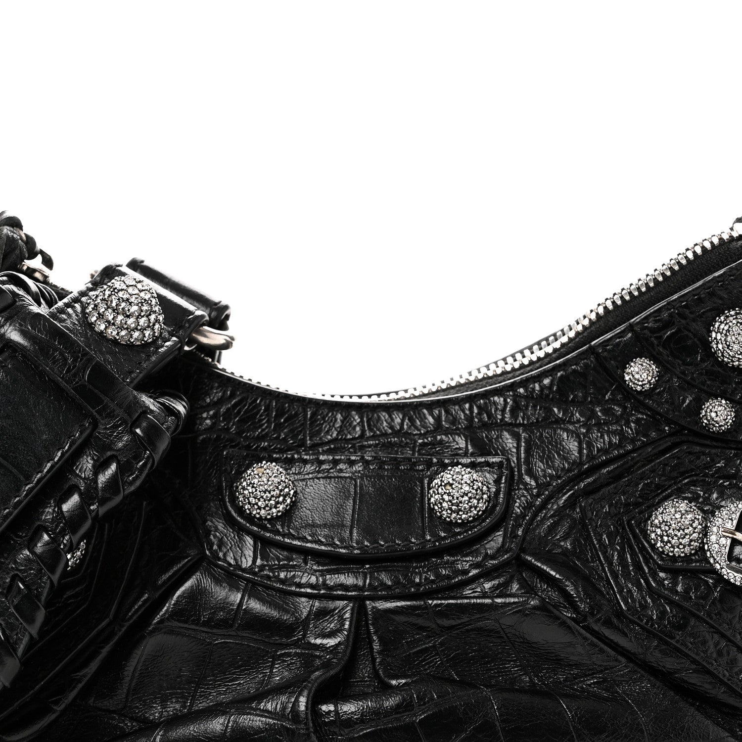 Extra Supple Calfskin Crystal Crocodile Embossed Le Cagole Shoulder Bag XS Black