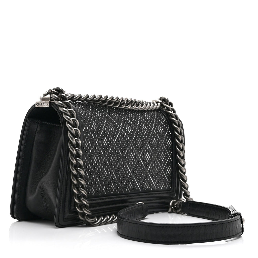 Calfskin Crystal Studded Quilted Medium Boy Flap  Black