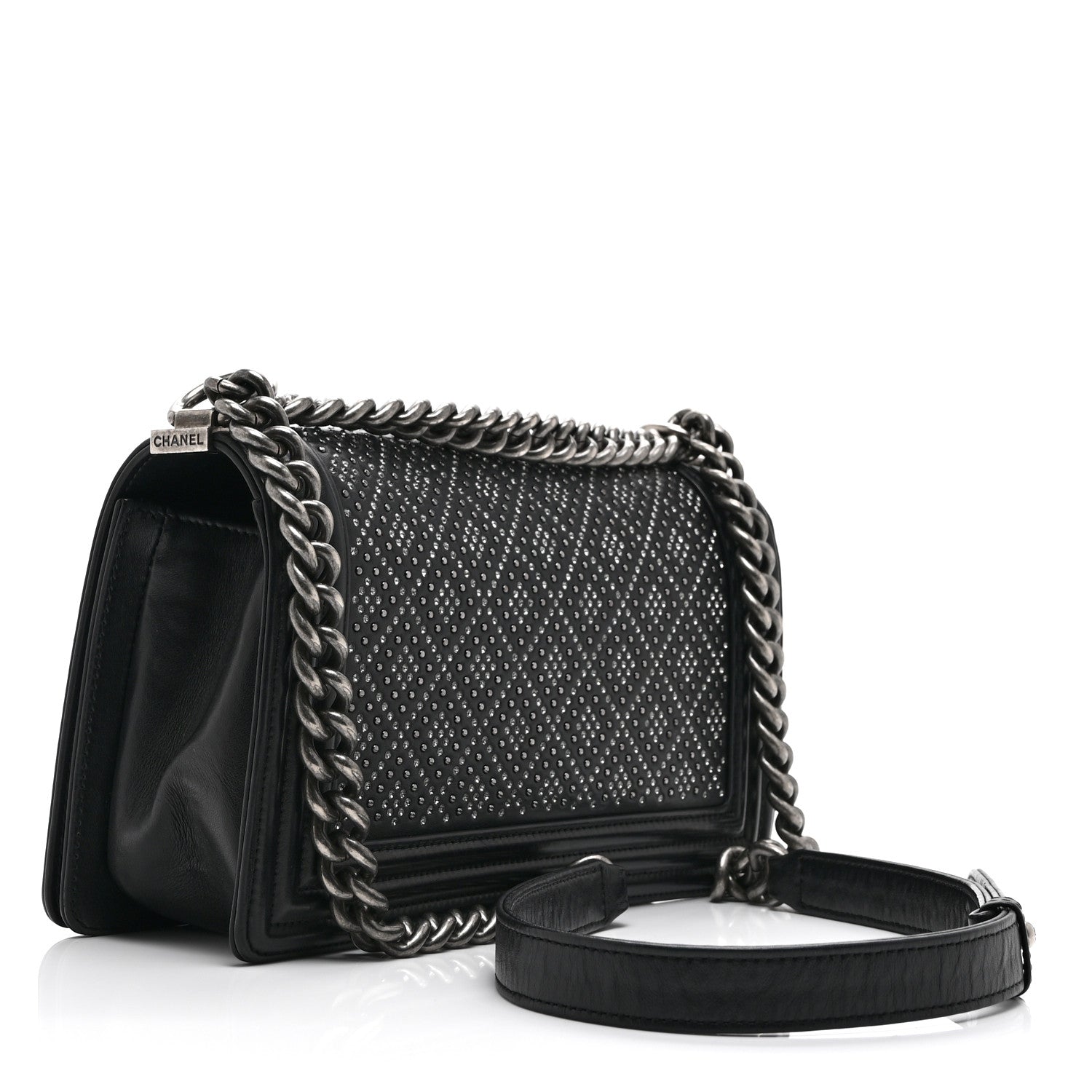 Calfskin Crystal Studded Quilted Medium Boy Flap  Black