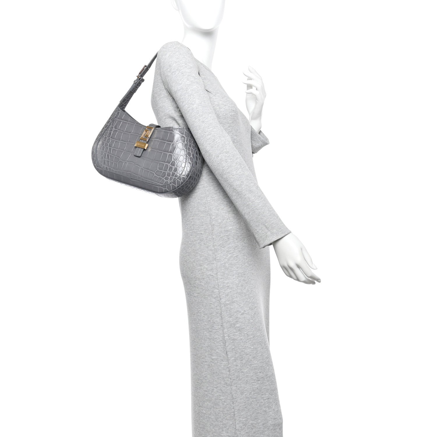Calfskin Crocodile Embossed Large Greca Goddess Bag Charcoal