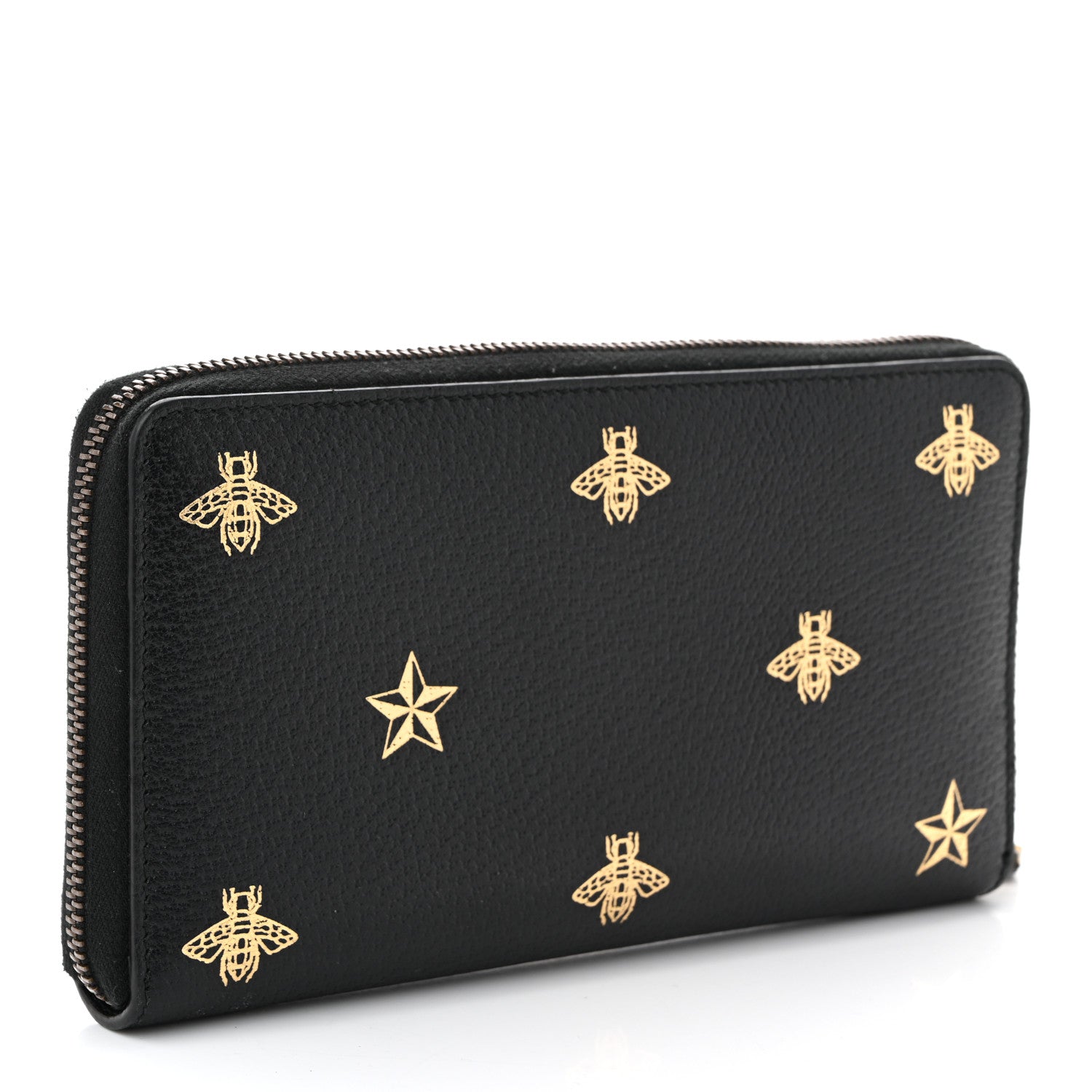 Dollar Calfskin Bee Star Zip Around Wallet Black