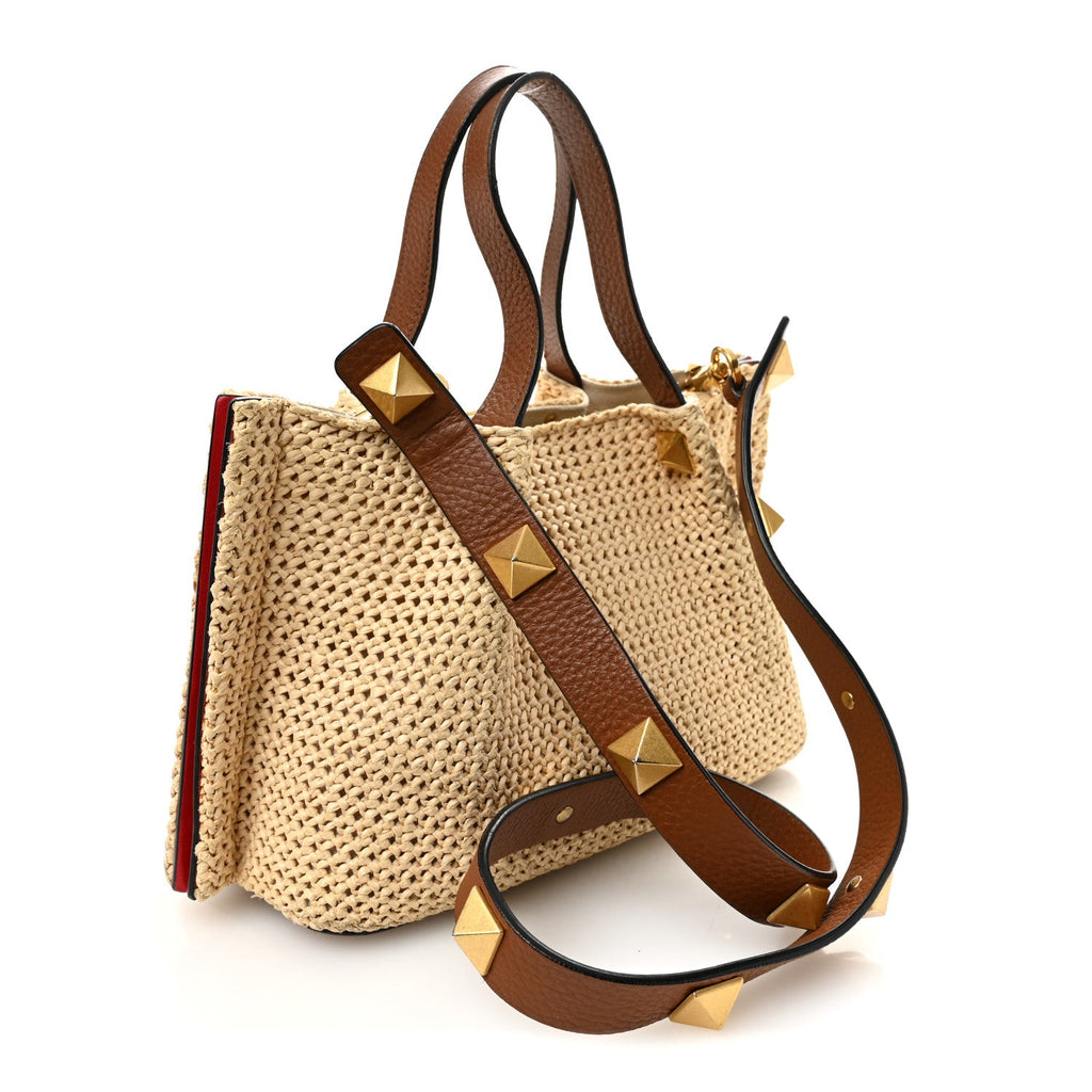 Raffia Grained Calfskin Small Rockstud Vlogo Tote Naturale