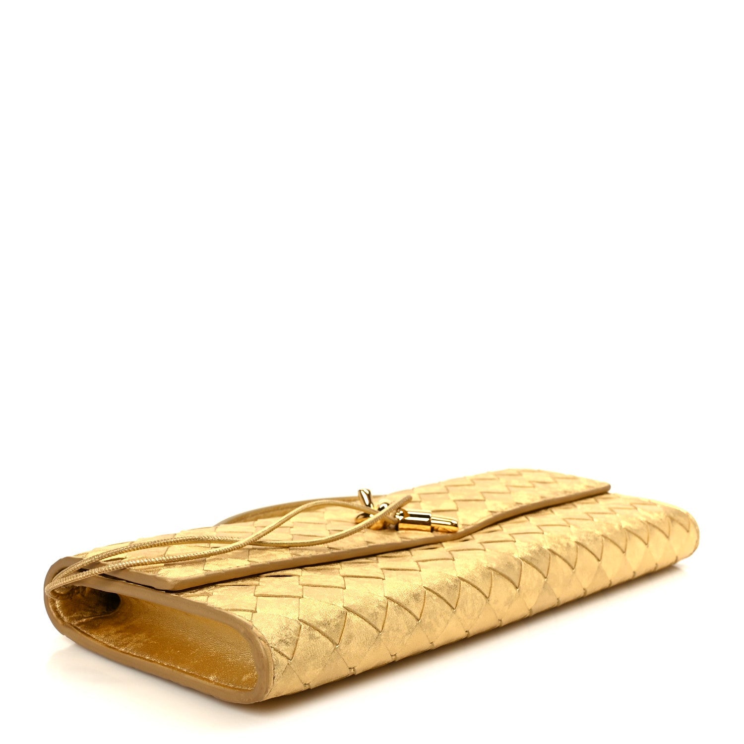 Metallic Satin Lambskin Intrecciato Long Andiamo Top Handle Clutch Gold