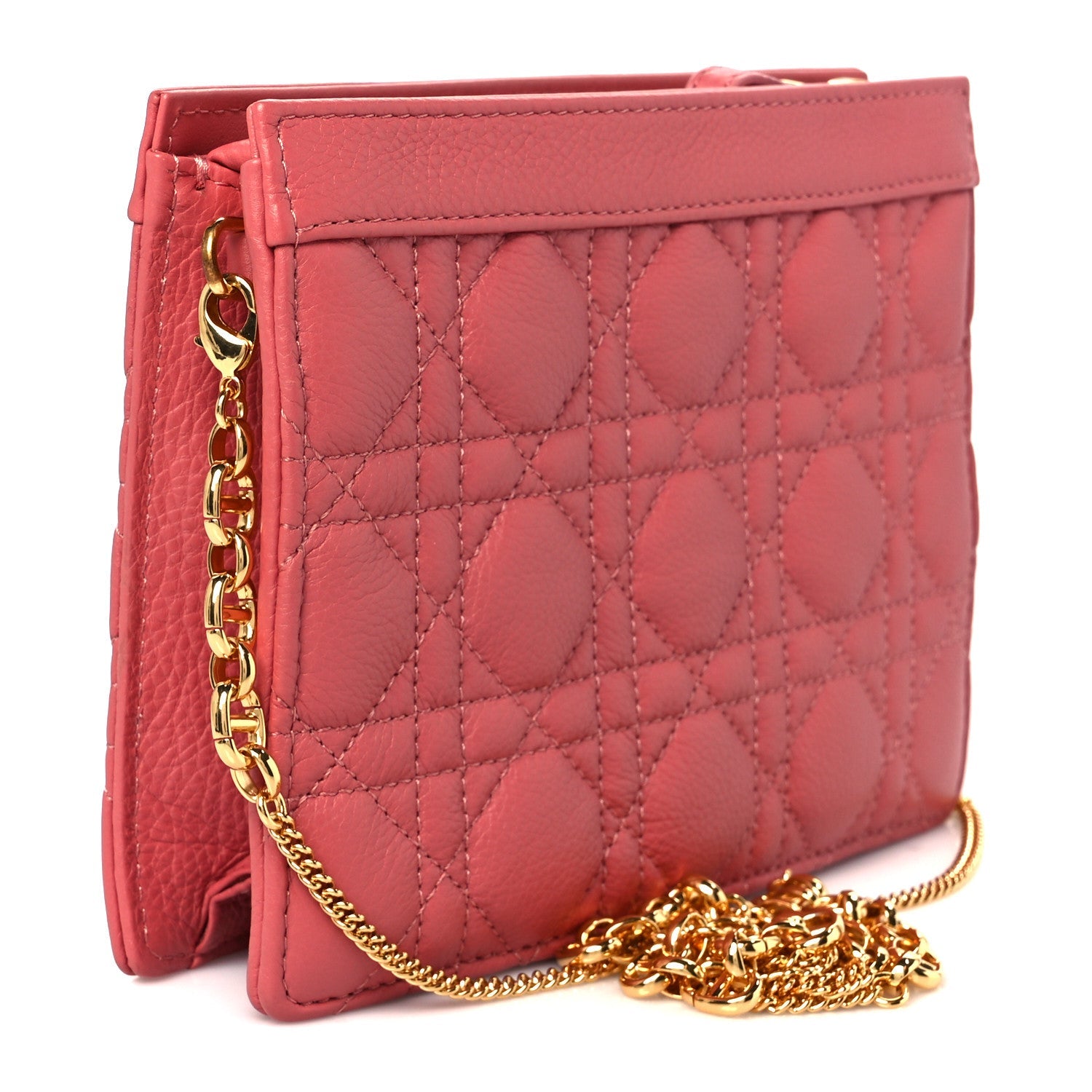 Calfskin Cannage Caro Zipped Pouch With Chain Coral Powder