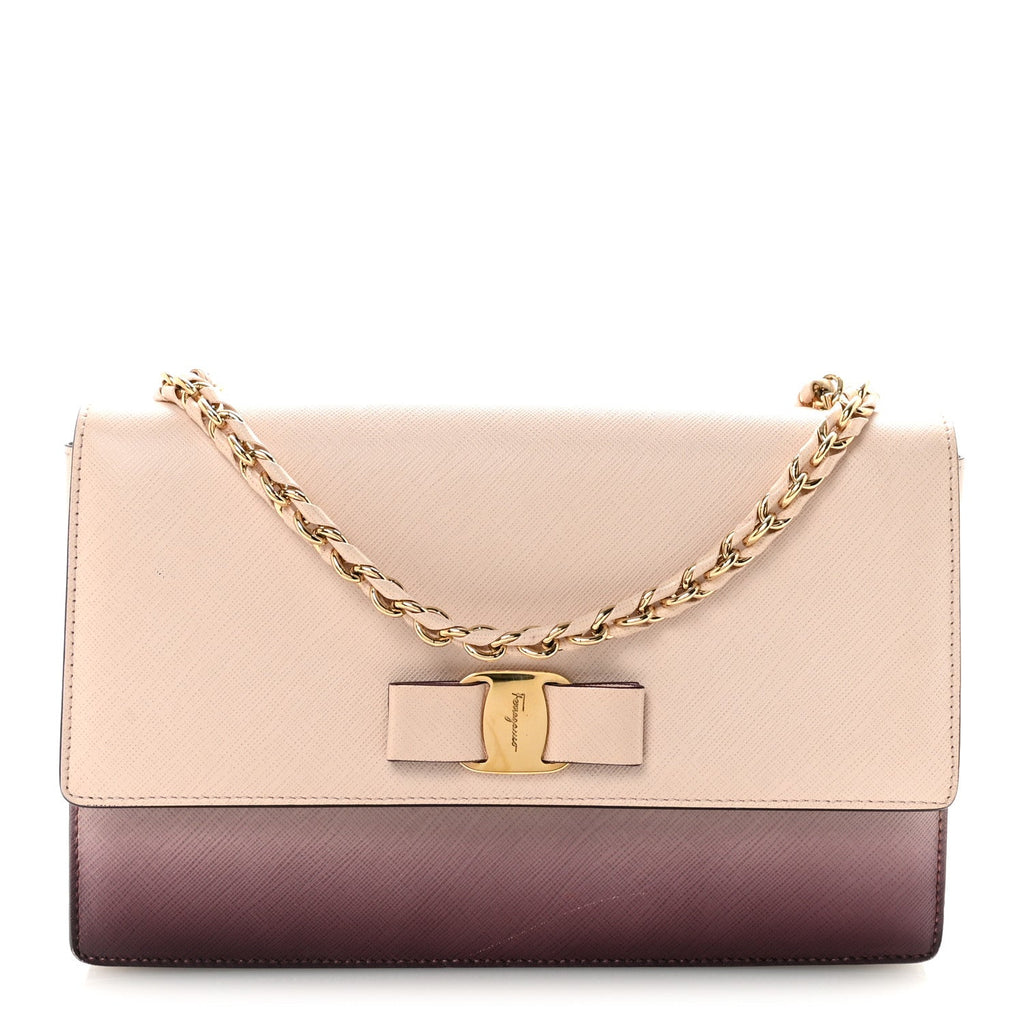 Hammered Calfskin Vara Bow Chain Flap Crossbody  Pink Purple