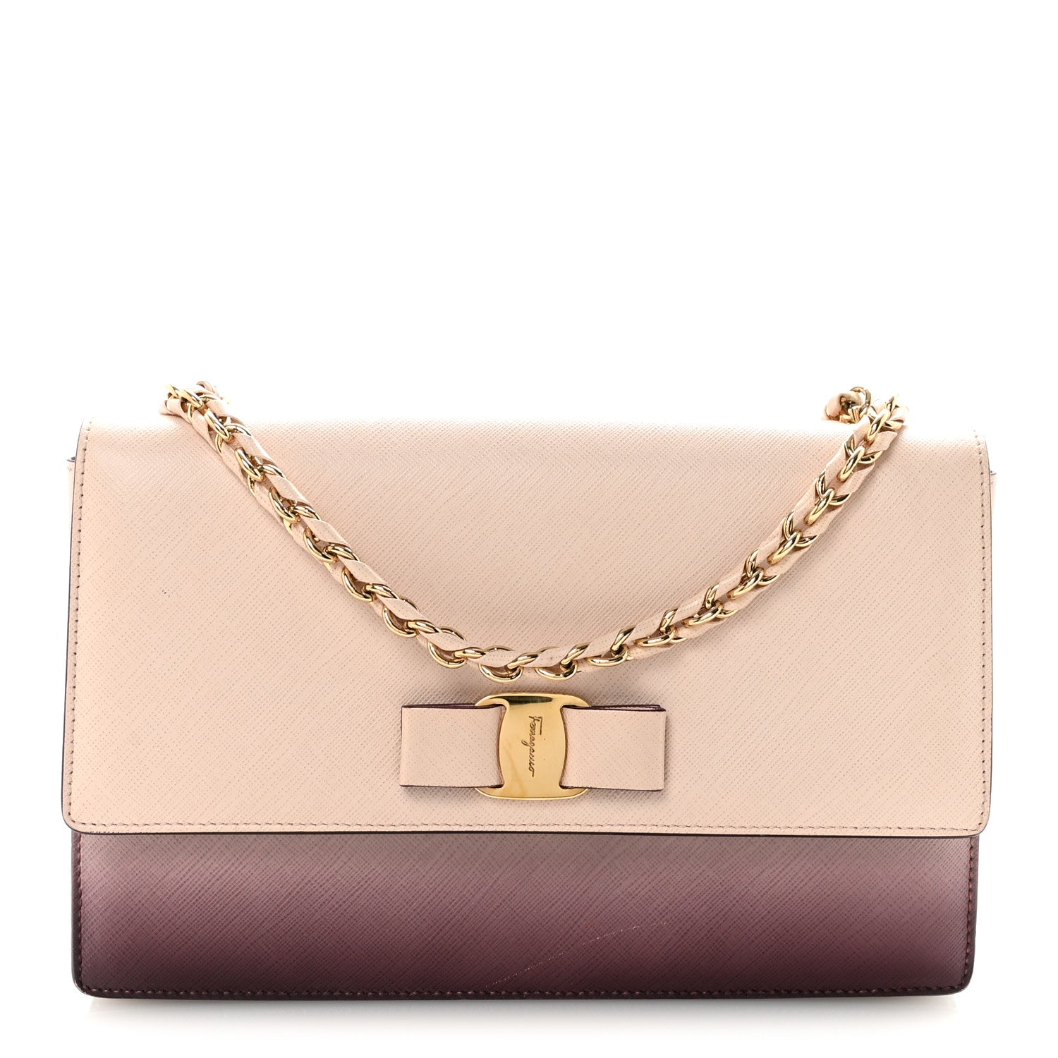Hammered Calfskin Vara Bow Chain Flap Crossbody  Pink Purple