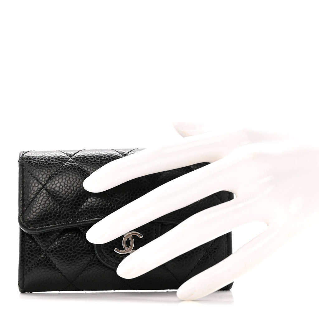 Caviar Quilted Flap  Holder Wallet Black