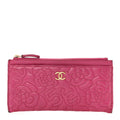 Lambskin Camellia Embossed Classic Zip Pouch Pink