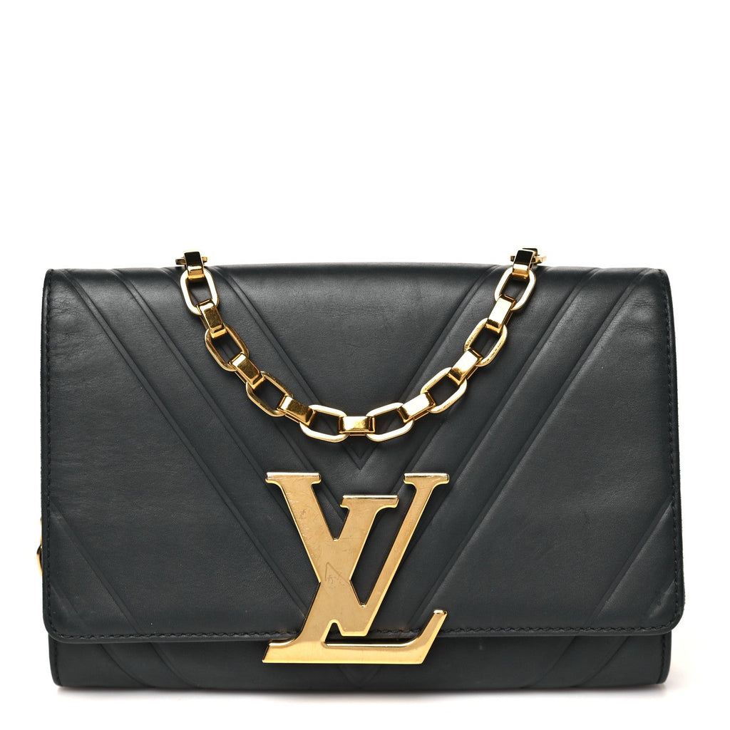 Calfskin Airy V Embossed Pochette Chain Louise GM  Black