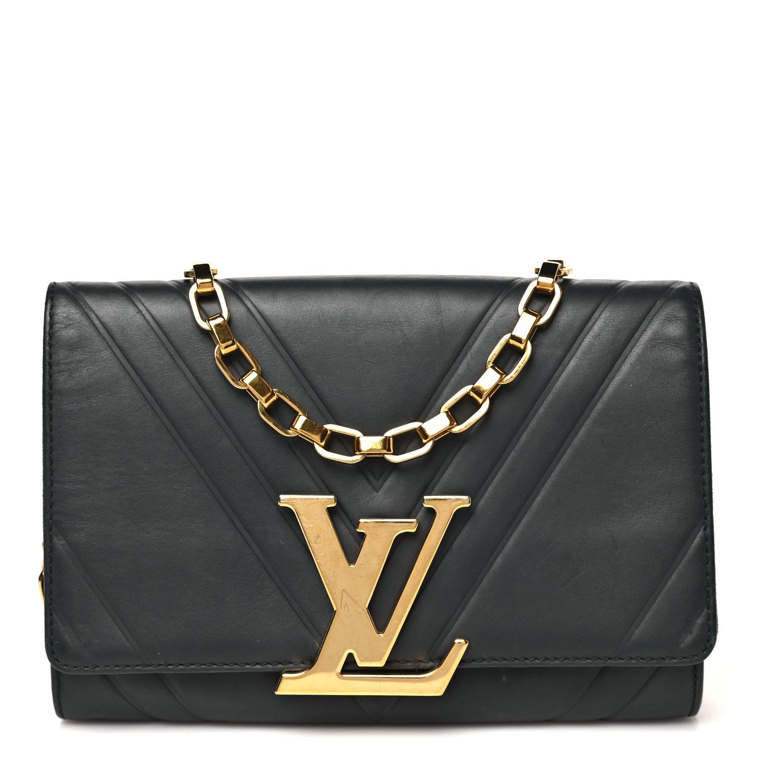 Calfskin Airy V Embossed Pochette Chain Louise GM  Black