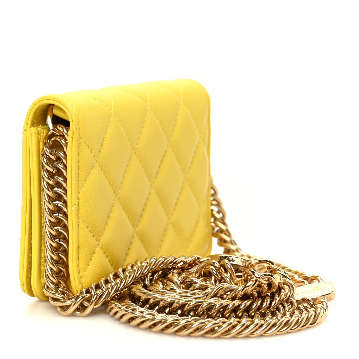 Lambskin Quilted Enamel Logo Flap  Holder On Chain Yellow