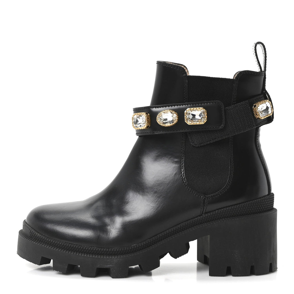 Calfskin Crystal GG Trip Chelsea Ankle Boots 35 Black