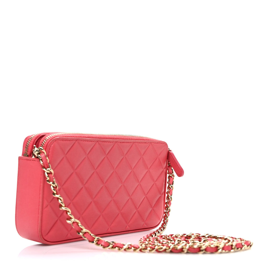 Lambskin Quilted Small Clutch With Chain Pink