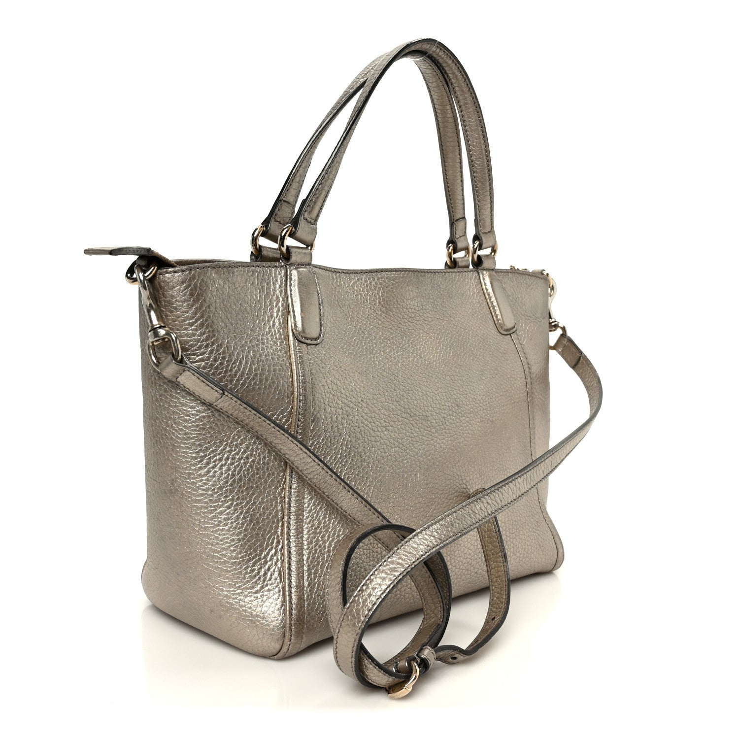 Metallic Pebbled Calfskin Small Soho Top Handle Bag Golden Beige