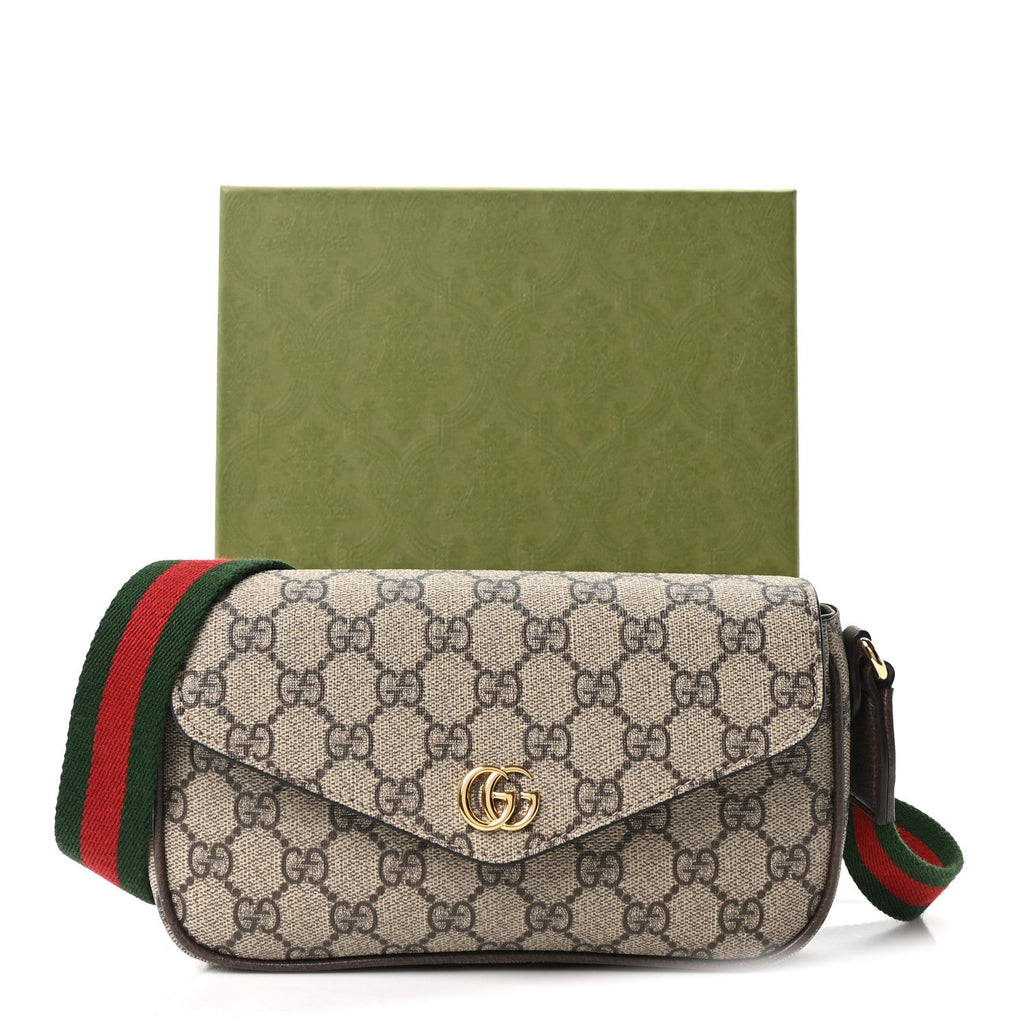 GG Supreme Monogram Textured Dollar Calfskin Web Mini Ophidia Envelope Shoulder Bag Beige Ebony New Acero